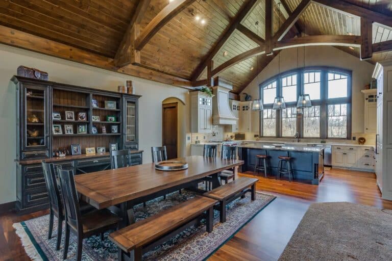 View of kitchen table, shelving, and custom kitchen in South Bend Indiana