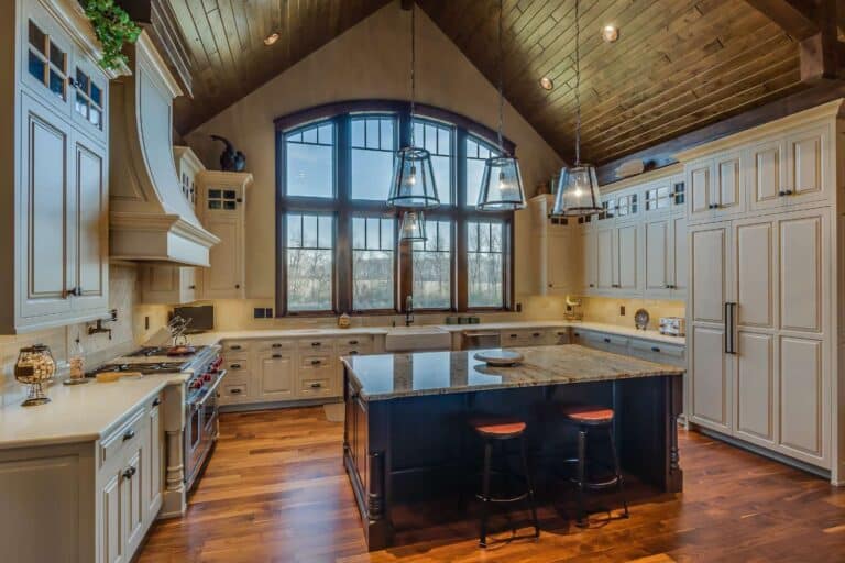 View of kitchen cabinets, counter, windows, and lighting in South Bend Indiana