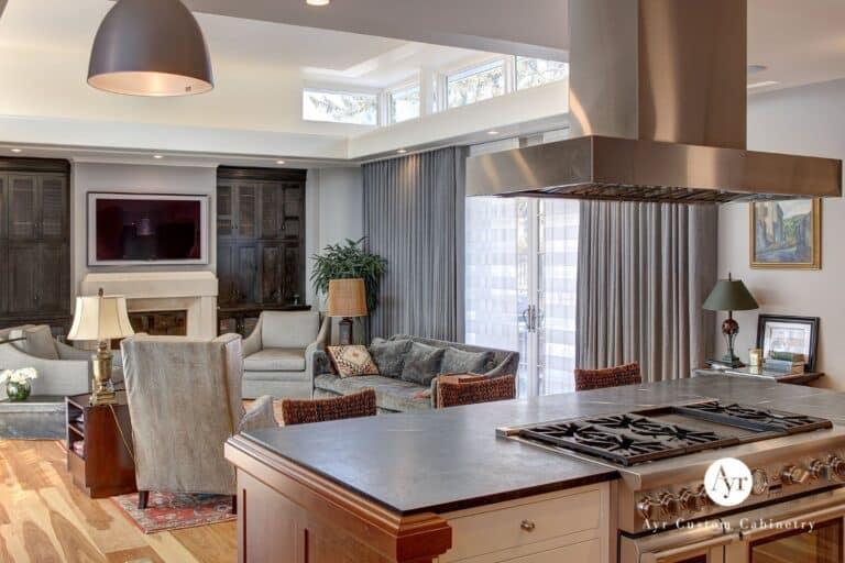 Custom Cabinets in South Bend IN with view of kitchen island and living room cabinet system