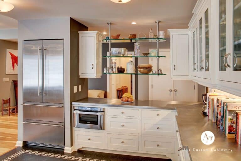 View of glass shelves in custom kitchen project in South Bend IN