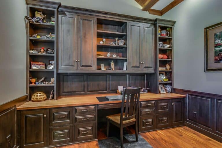 View of custom desk, shelves, and cabinets in South Bend Indiana