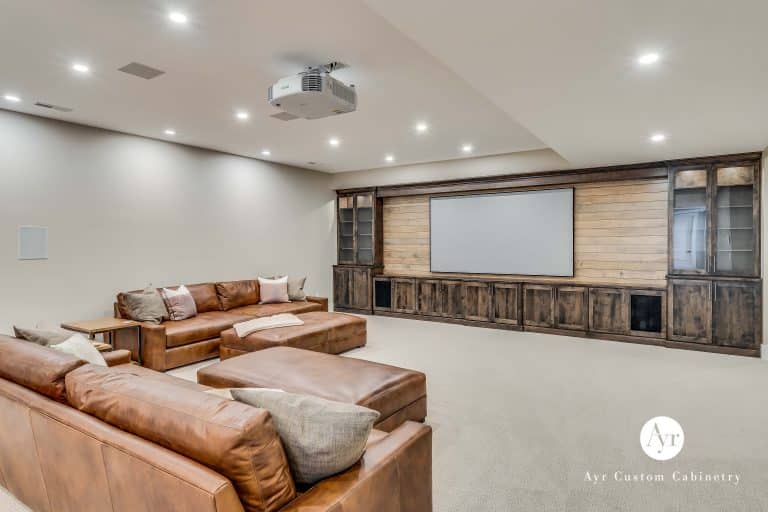 custom built in entertainment center in a basement